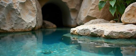Tranquil turquoise waters reflect serene rocks, creating a captivating oasis of calm and natural beauty.  A hidden cave adds mystery.