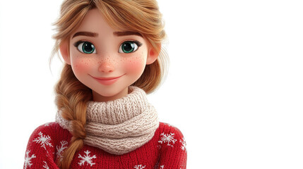 3d cartoon cute smiling beautiful teenage girl in christmas funny ugly sweater on white background, new year, xmas, illustration, copyspace