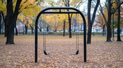 Autumn Park with Swing Set Among Fallen Leaves