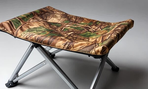 A folding stool with a camouflage fabric seat, designed for outdoor use.