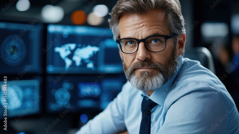 Poster bearded professional businessman wearing glasses and suit analyzing data and information on multiple