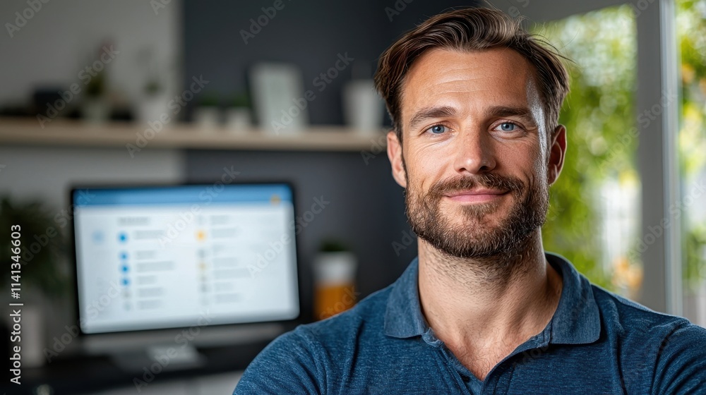 Poster confident and successful businessman smiling while working at office desk with computer and digital 