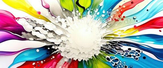 Fototapeta premium A vibrant, abstract digital artwork featuring a burst of colorful, dynamic lines radiating from a central white point, creating a sense of energy and movement. The lines are in various shades of blue,