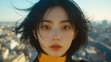 Close-up portrait of a young woman with windblown hair, set against a blurred cityscape backdrop.
