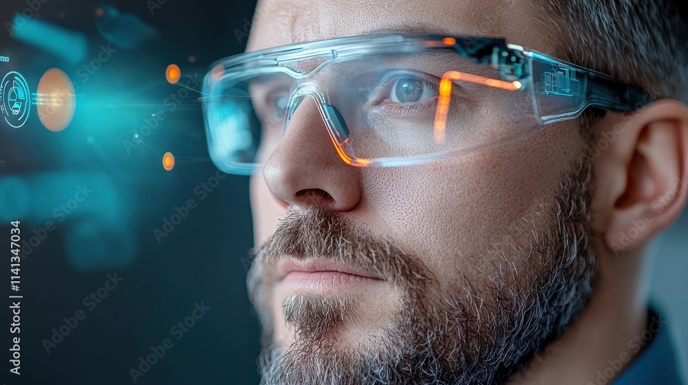 Poster portrait of a focused businessman wearing a cutting edge head mounted display exploring a digital la