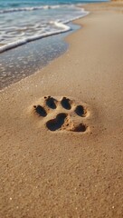 single dog paw print imprinted on sand at beach 