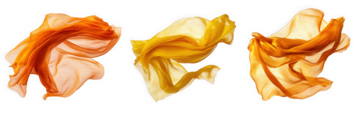 three flowing pieces of fabric in shades of orange and yellow against a transparent background