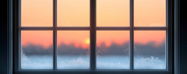 Fototapeta premium Frosty Window with Sunrise View
