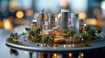 Captivating aerial view of a bustling modern city with a skyline of illuminated high rise skyscrapers and office buildings