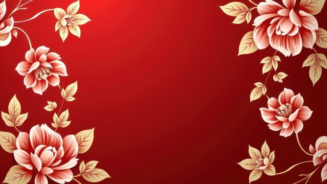 A vibrant, red-walled room bursts with life, featuring a stunning floral border in bold, red and white blooms set against a rich, maroon backdrop