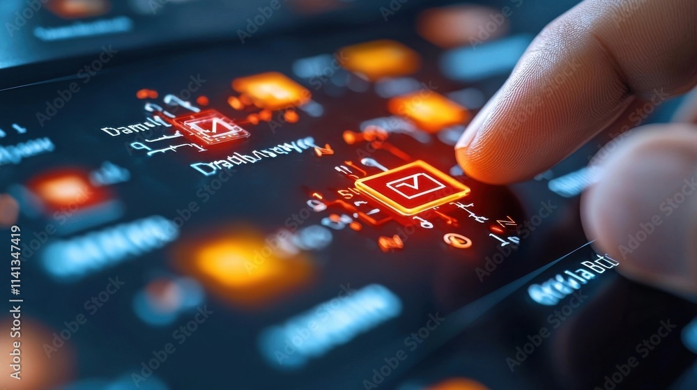 Aufkleber close up of a hand touching or pressing a button or control on an electronic device dashboard or con