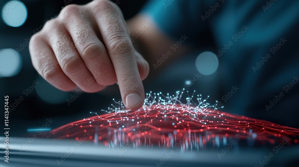Poster hand touching glowing digital interface with futuristic energy patterns and luminous connections abs