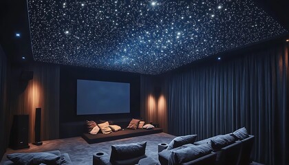 Ceiling-mounted fiber optic lights creating a starry sky effect in a private cinema