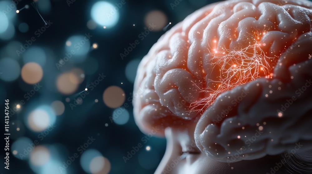 Poster visually striking and futuristic digital depicting the human brain anatomy with glowing vibrant neur
