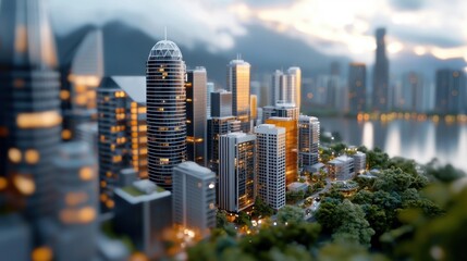 Fototapeta premium Breathtaking aerial view of a bustling city skyline with towering skyscrapers modern high rise office buildings and a glimmering river or bay at sunset