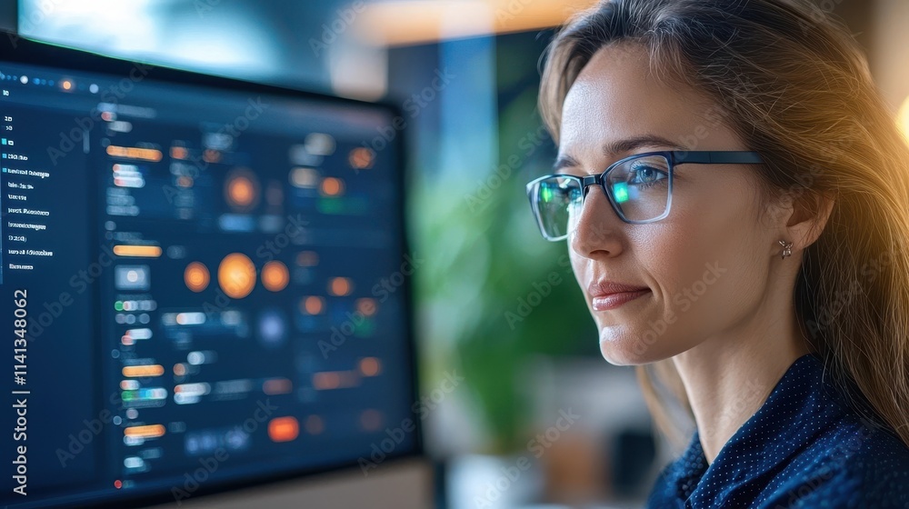 Poster focused female software developer working intently on laptop computer in office environment demonstr