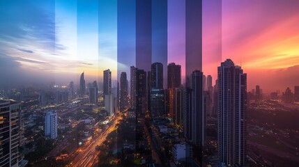 Changing Skyline from Day to Night in Smoggy Atmosphere