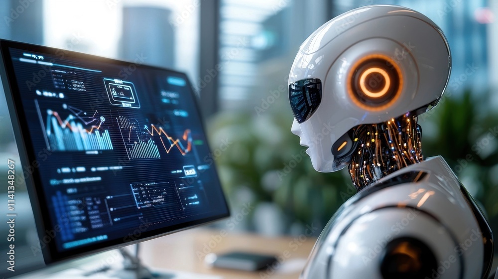 Poster futuristic robotic figure interacting with a digital financial analytics dashboard displaying market