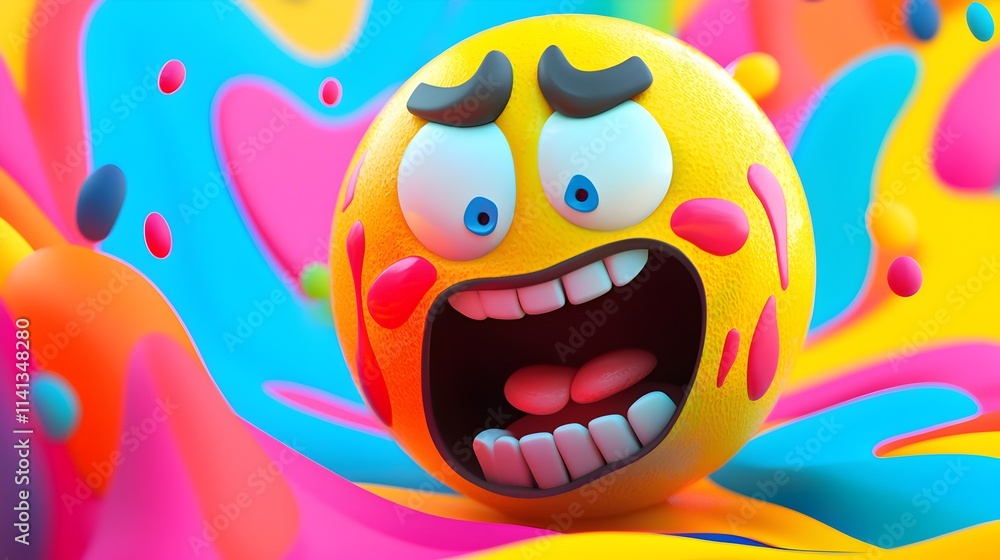 Poster vibrant 3d emoticon with an exaggerated scream expression surrounded by colorful splashes