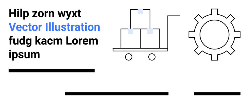 Warehouse cart with boxes, large gear icon. Ideal for logistics, supply chain, manufacturing, productivity tips, business solutions, automation, industrial processes. Landing page