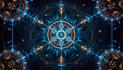 Mystical geometric mandala with luminous elements and cosmic background
