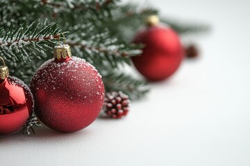 Christmas tree with red ornaments on a white background with falling snowflakes, space for text on one side.
