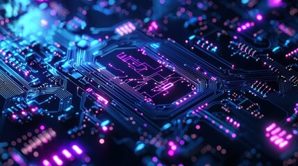Obraz premium Abstract Circuit Board: Neon Glow, Digital Technology, Futuristic Design