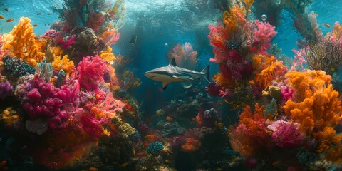 Fototapeta premium Coral Reef Shark Vibrant Underwater Scene