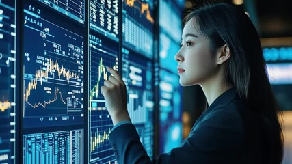 Asian woman looking at computer screen with many graphs and numbers