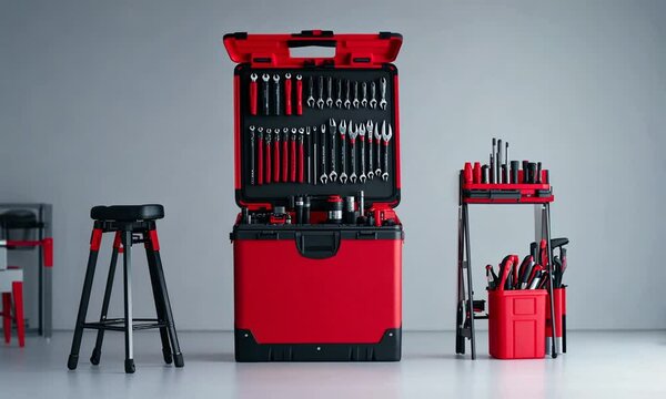 A red toolbox with various tools, a stool, and an organized tool rack for DIY projects.