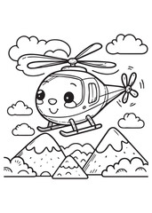 Coloring page design education cute helicopter fly in mountain 