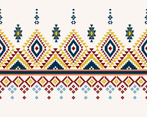 Embroidered cross-stitch ethnic fabric Geometric ornament ethnic pattern design. Use for fabric, textile, interior decoration elements, upholstery, and wrapping. Traditional geometric ethnic fabric