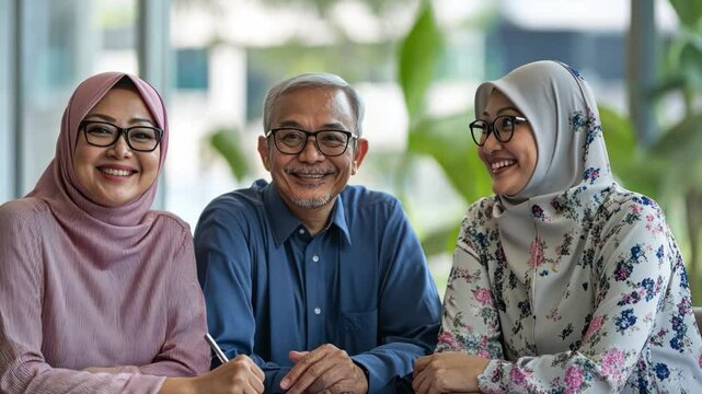Three Asian Muslims, two women and one man. Smiling and posing for pictures Men wear glasses and women wear headscarves.