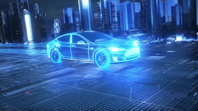 Self-driving car driving in city streets, future technology city transportation. Artificial intelligence car testing, high-tech city car promotional display.