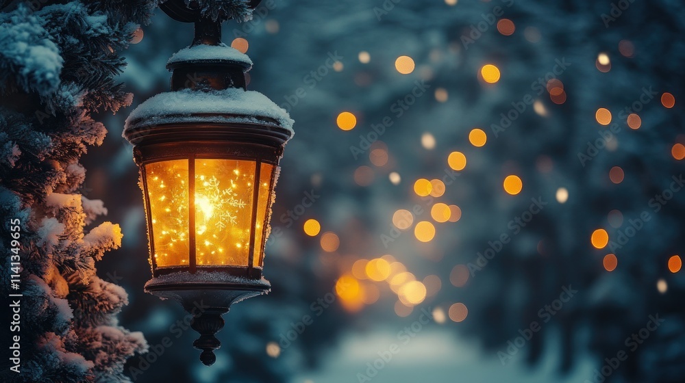 Poster a glowing lantern illuminates a snowy path adorned with warm bokeh lights.