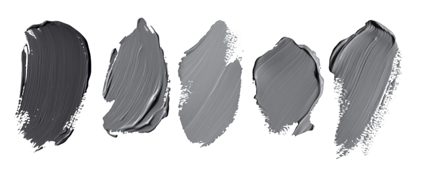 collection of five gray paint strokes isolated on transparent background