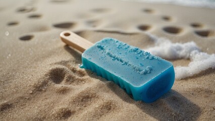 blue popsicle dropped on beach sand melting in summer heat 