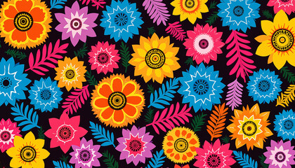 Colorful floral pattern with vibrant flowers and leaves on a dark background for textile design