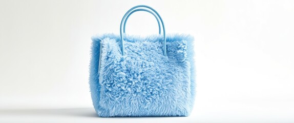 Photo of a small, rectangular, plush handbag with a fuzzy texture, light blue color, and a simple, round handle on top. The background is a plain white wall, and the lighting is soft and even, creatin
