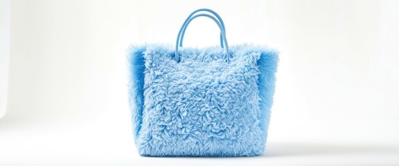 Photo of a small, rectangular, plush handbag with a fuzzy texture, light blue color, and a simple, round handle on top. The background is a plain white wall, and the lighting is soft and even, creatin