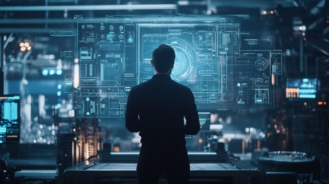 An engineer analyzing schematics on a tablet while standing in front of a hightech assembly line demonstrating the integration of digital tools into industrial workflows and skill enhancement.