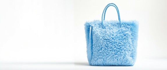 Photo of a small, rectangular, plush handbag with a fuzzy texture, light blue color, and a simple, round handle on top. The background is a plain white wall, and the lighting is soft and even, creatin