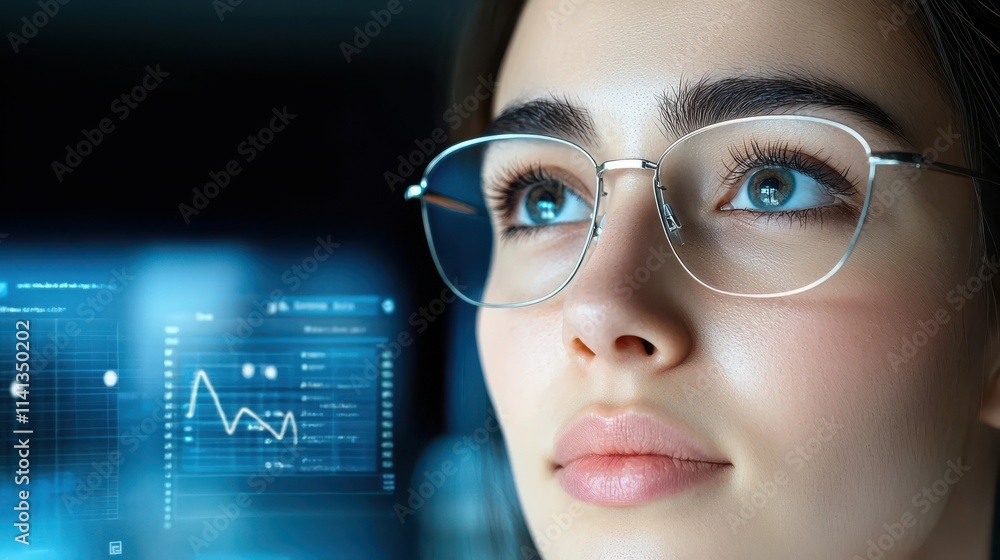 Poster close up of a young thoughtful woman wearing glasses and intently analyzing data and statistics on a