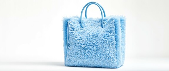 Photo of a small, rectangular, plush handbag with a fuzzy texture, light blue color, and a simple, round handle on top. The background is a plain white wall, and the lighting is soft and even, creatin