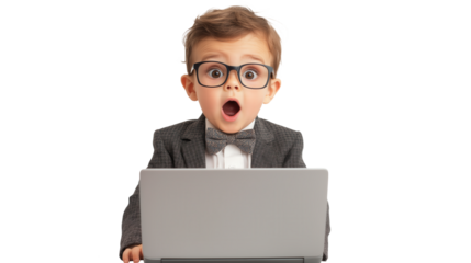 Surprised Young Boy in Formal Attire Gaping at Laptop Screen