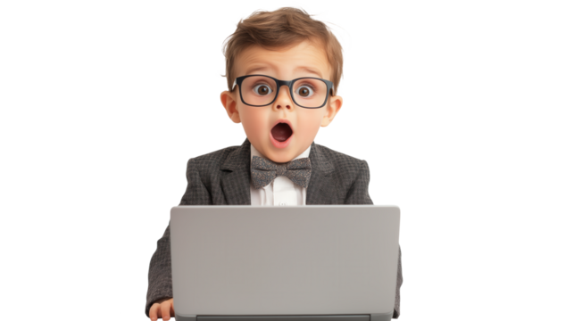 Surprised Young Boy in Formal Attire Gaping at Laptop Screen