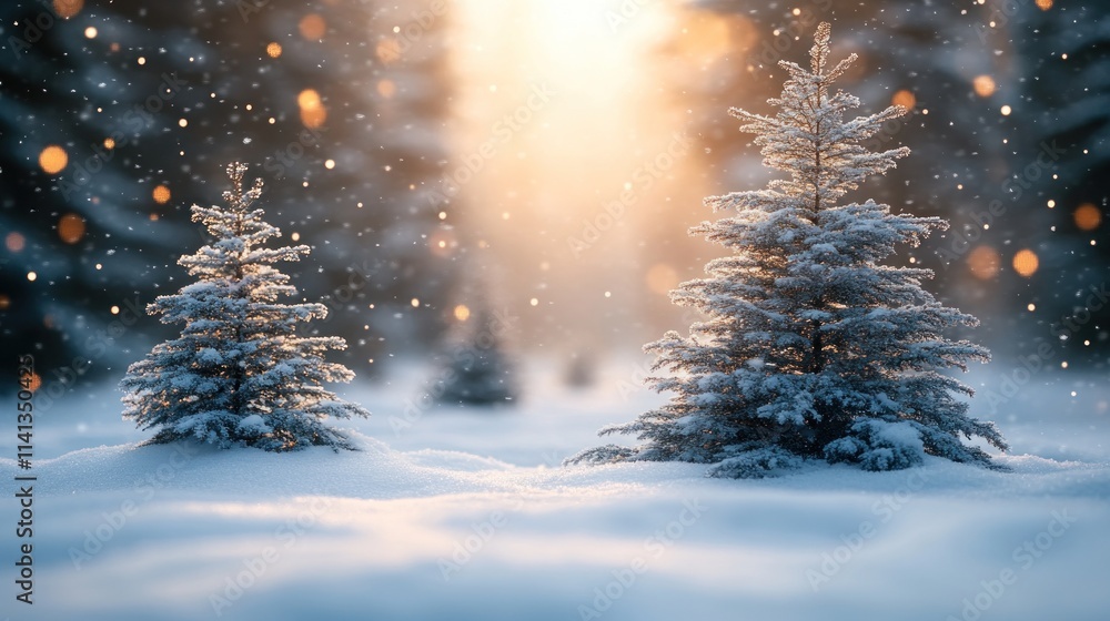 Poster a serene winter landscape with snow-covered trees and soft light filtering through.