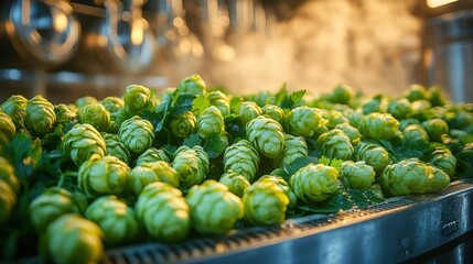 Fresh green hops steaming in a brewery, ready for brewing.