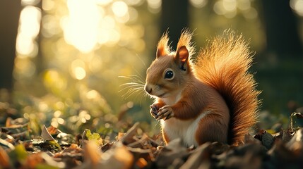 Obraz premium Adorable Red Squirrel in Autumn Sunlight