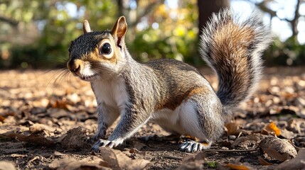 Naklejka premium Adorable Fluffy Squirrel in Autumn Leaves